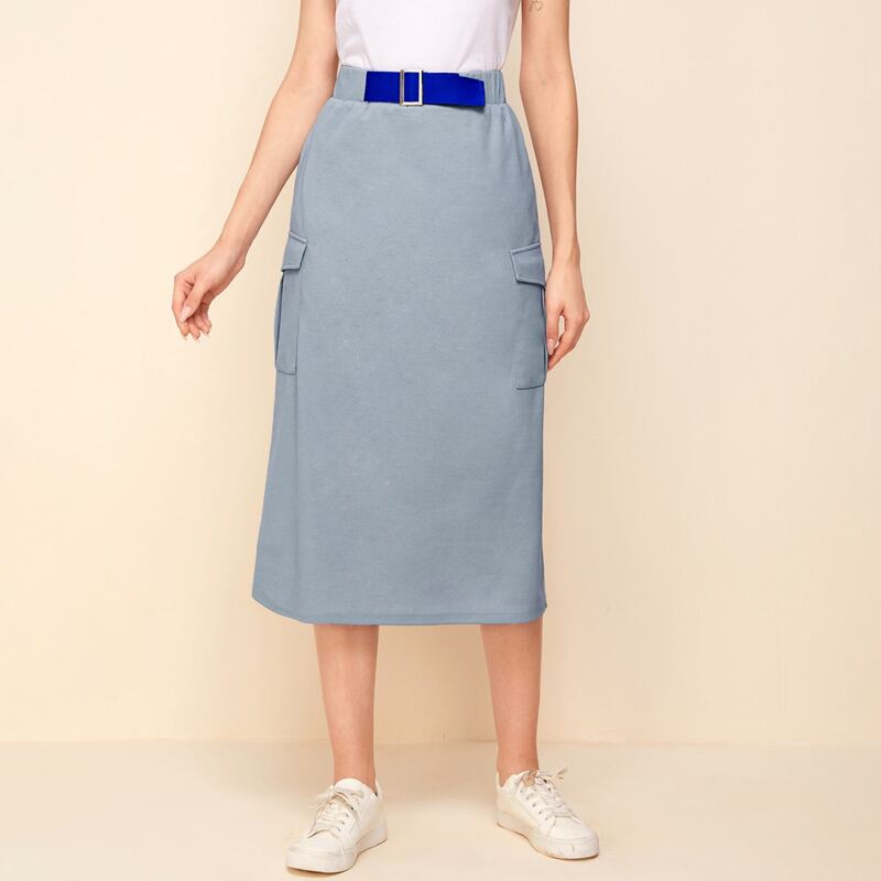 

Flap Pocket Buckle Belted Skirt, Dusty blue