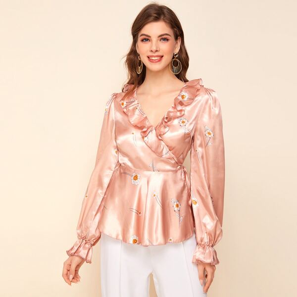 

Ruffle Trim Knot Side Floral Print Silky Peplum Top, Baby pink