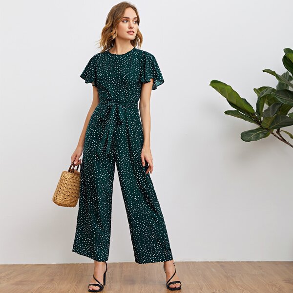 

Butterfly Sleeve Belted Polka Dot Jumpsuit, Dark green