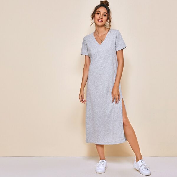 

Split Hem Solid Tee Dress, Light grey