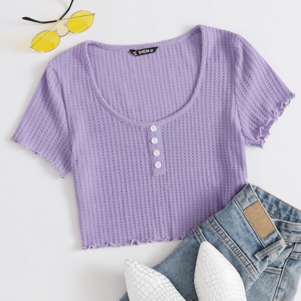 

Lettuce Trim Buttoned Waffle Knit Crop Top, Lilac purple