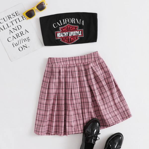 

Letter Graphic Tube Top & Pleated Tartan Skirt Set, Multicolor