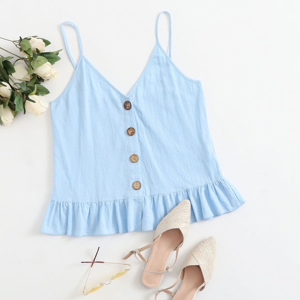 

Buttoned Front Ruffle Hem Cami Top, Baby blue