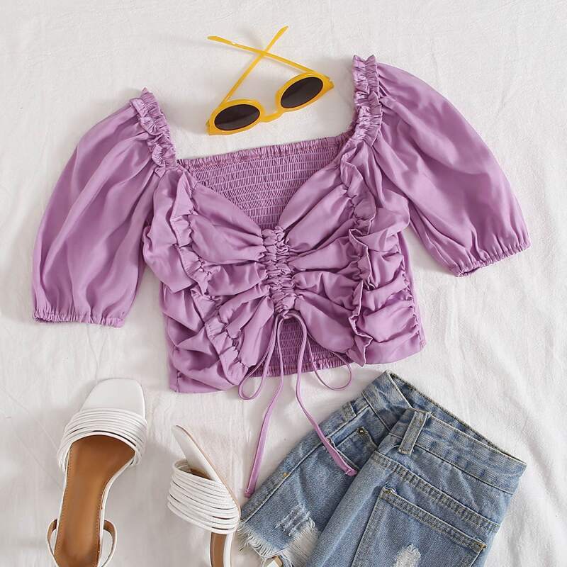 

Drawstring Ruched Shirred Crop Blouse, Purple
