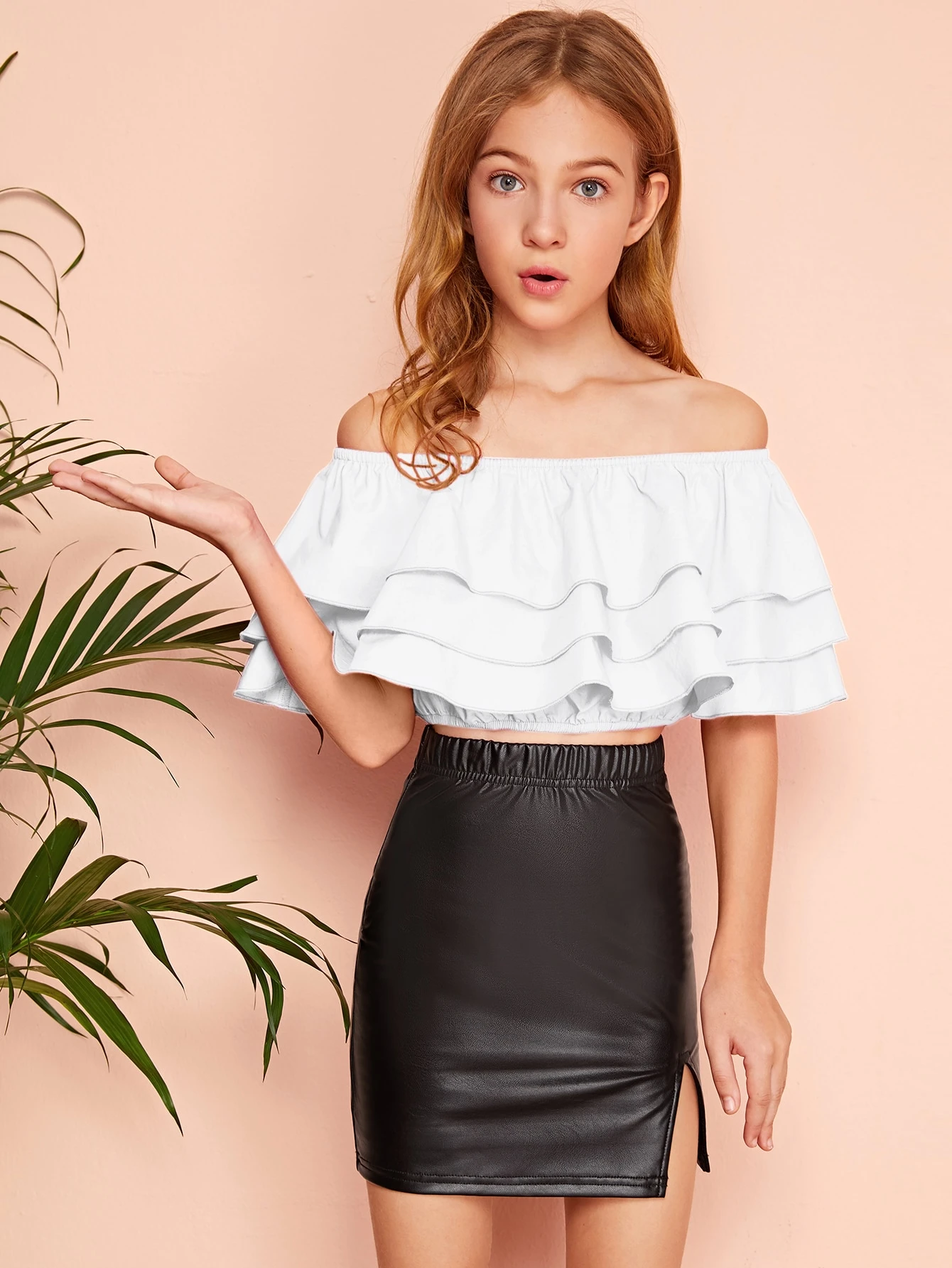 Split Hem PU Leather Skirt Set 