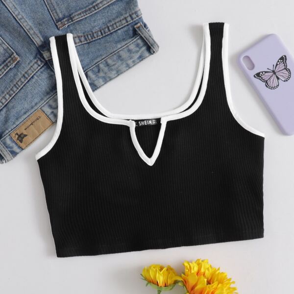 

Contrast Binding Notch Neck Rib-knit Crop Tank Top, Black