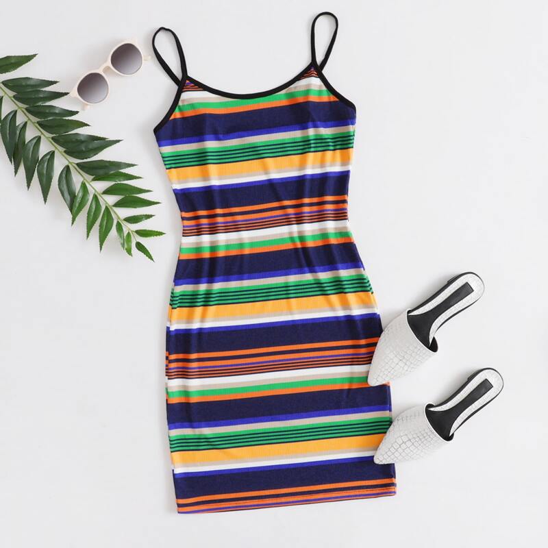 

Rib-knit Colorful Striped Bodycon Dress, Multicolor