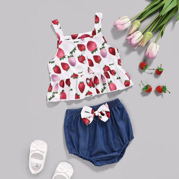 

Baby Girl Strawberry Print Ruffle Hem Cami Top & Bow Front Shorts, Multicolor