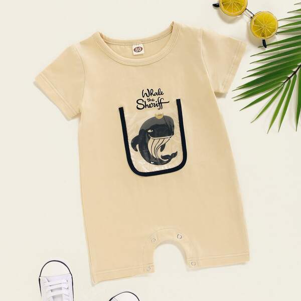 

Baby Boy Cartoon Whale & Slogan Graphic Romper, Beige