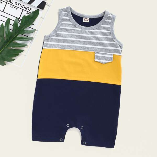 

Baby Boy Striped Panel Color-block Tank Romper, Multicolor