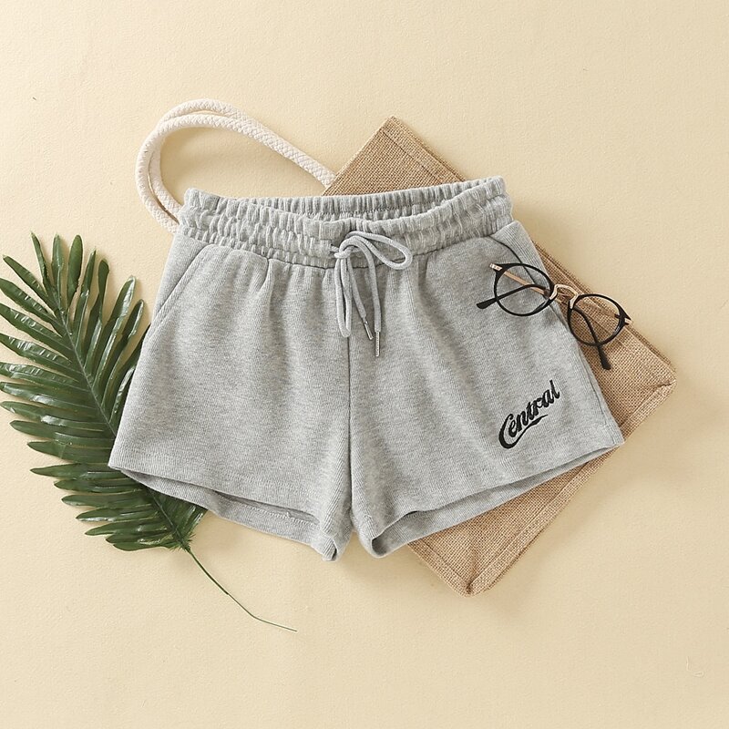

Letter Embroidery Drawstring Waist Track Shorts, Light grey