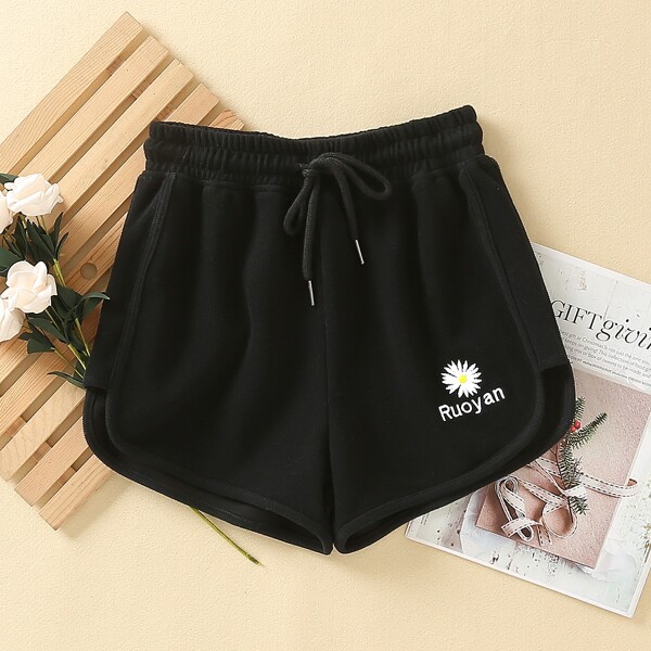 

Floral And Letter Embroidery Dolphin Shorts, Black