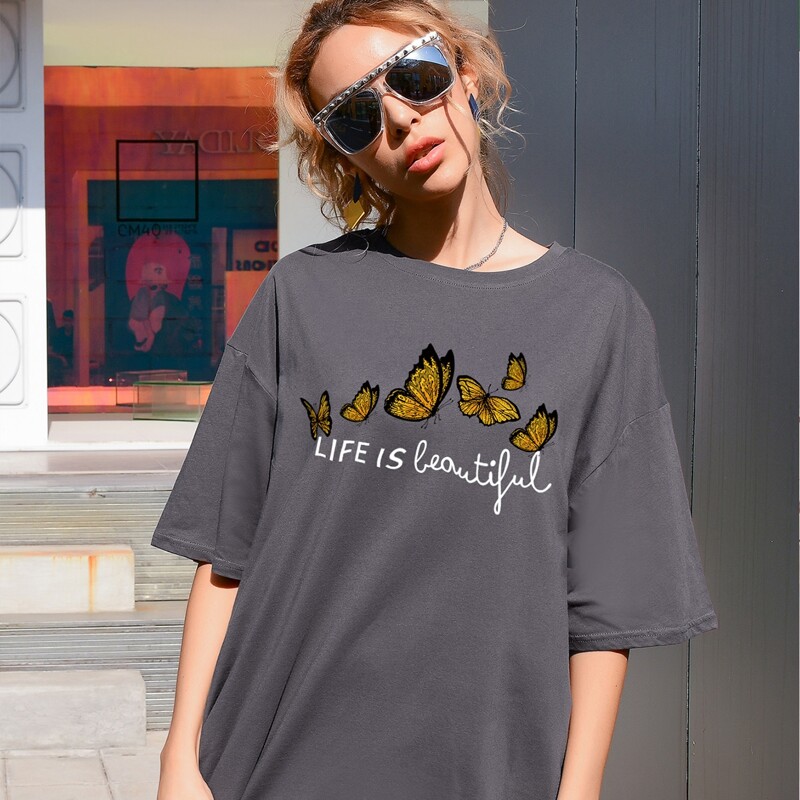 

Drop Shoulder Butterfly Print Oversized Tee, Dark grey