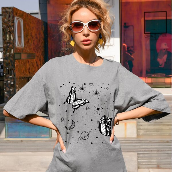 

Drop Shoulder Butterfly Print Oversized Tee, Grey