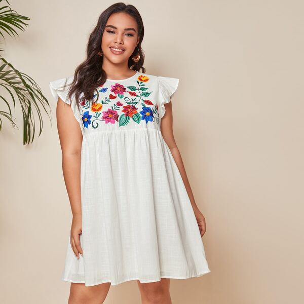 

Plus Floral Embroidery Smock Dress, White