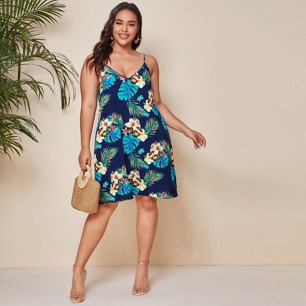 

Plus Tropical Print Cami Dress, Navy blue