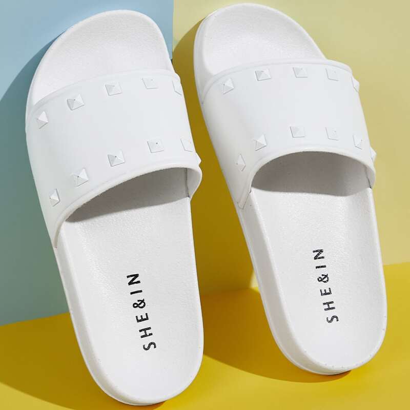 

Spiked Decor Wide Fit Sliders, White