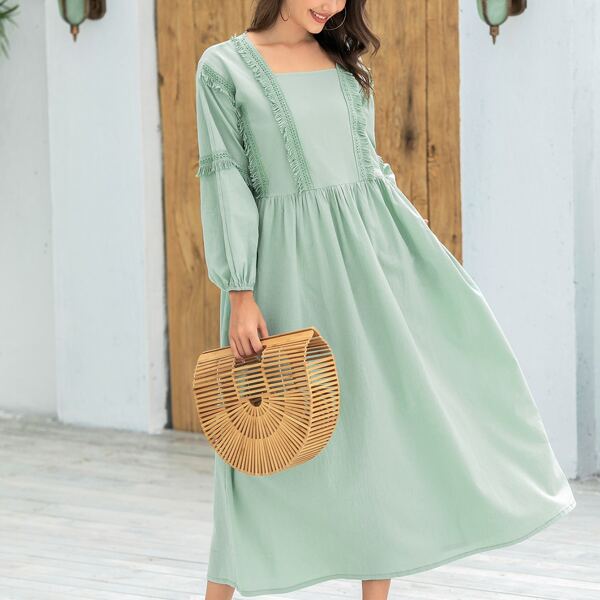 

Square Neck Fringe Trim Smock Dress, Mint green