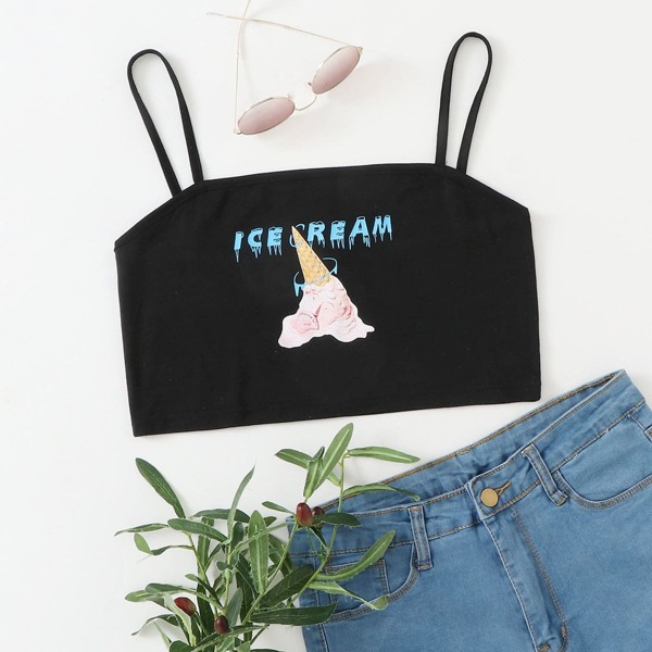 

Ice Cream Print Crop Cami Top, Black