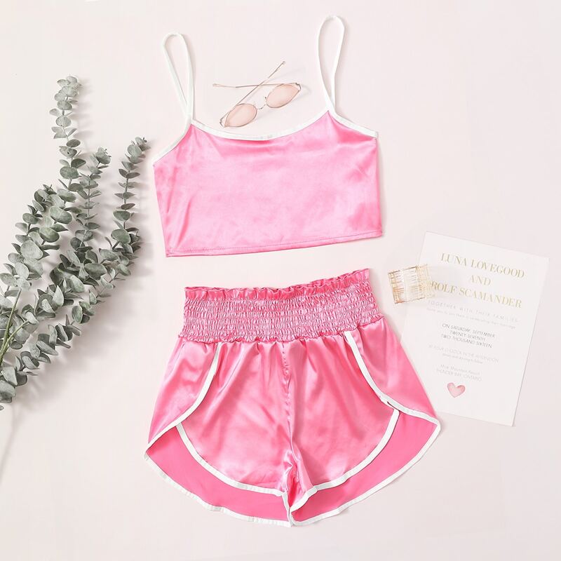 

Contrast Trim Satin Cami Top With Shirred Frill Shorts, Pink
