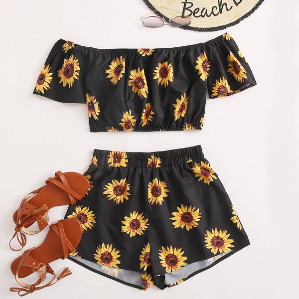 

Sunflower Print Bardot Top & Shorts, Black