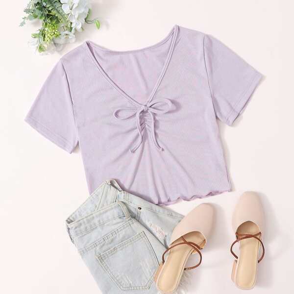 

Lettuce Trim Tie Front Rib-Knit Tee, Lilac purple