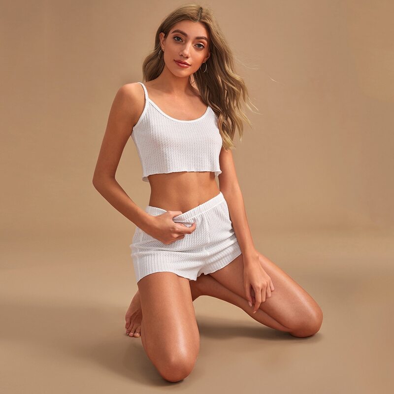

Solid Crop Cami Top & Shorts Pajama Set, White