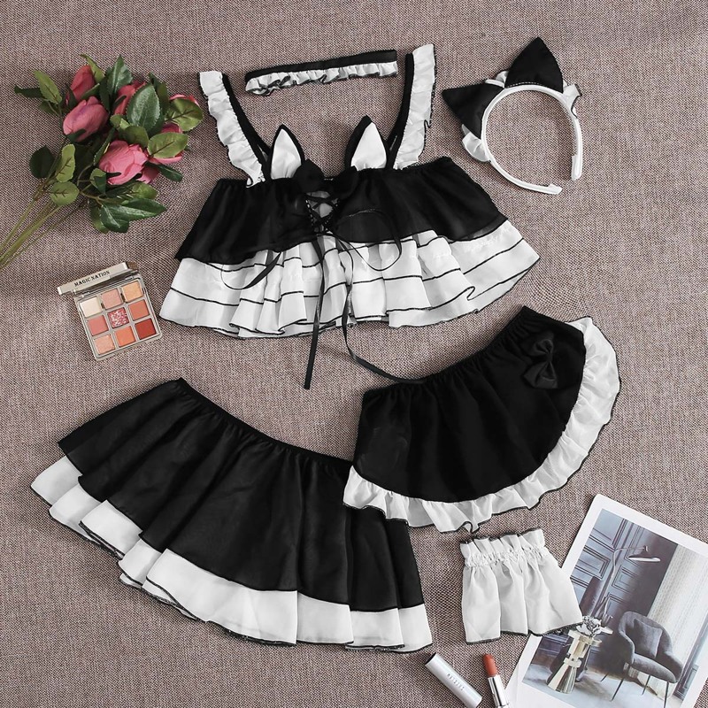 

6pcs Layered Ruffle Lingerie Set, Black and white