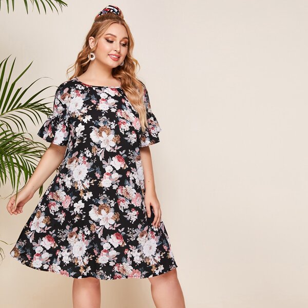 

Цветочное платье размера плюс с оригинальным рукавом, Многоцветный