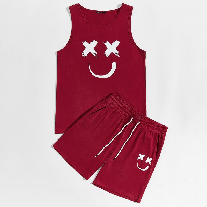 

Guys Cartoon Graphic Tank Top & Drawstring Waist Shorts Set, Burgundy