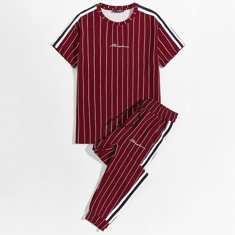 

Guys Letter Graphic Striped Top & Drawstring Waist Pants Set, Burgundy