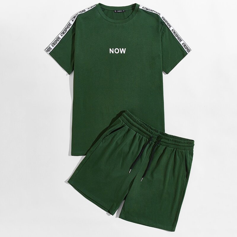 

Guys Letter Tape Shoulder Top & Track Shorts Set, Dark green