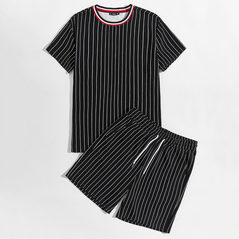 

Guys Contrast Neck Striped Top & Shorts Set, Black