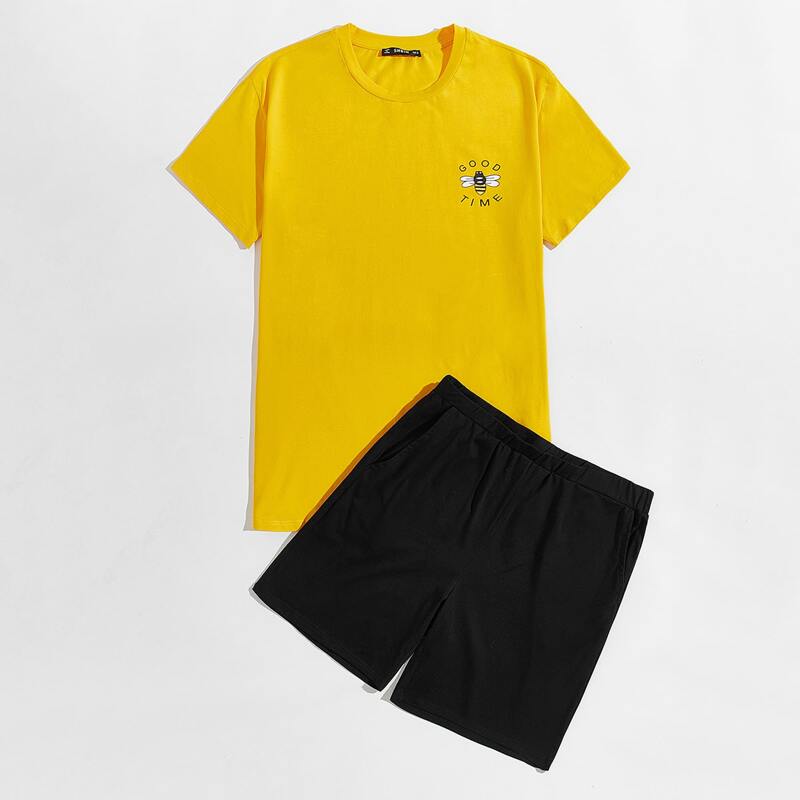 

Guys Bee and Slogan Print Tee and Slant Pocket Shorts PJ Set, Multicolor