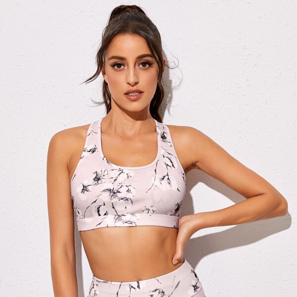 

Floral Print Racer Back Sports Bra, Multicolor