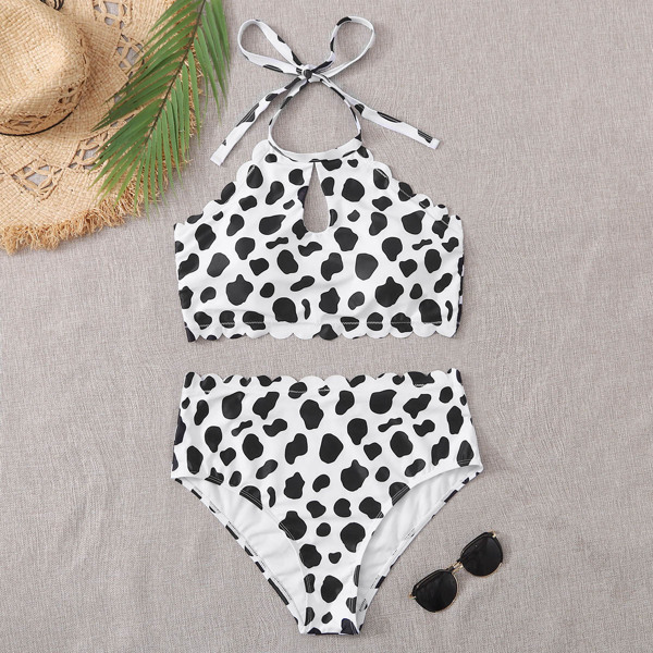 

Plus Cow Print Scallop Halter Bikini Swimsuit, Black and white