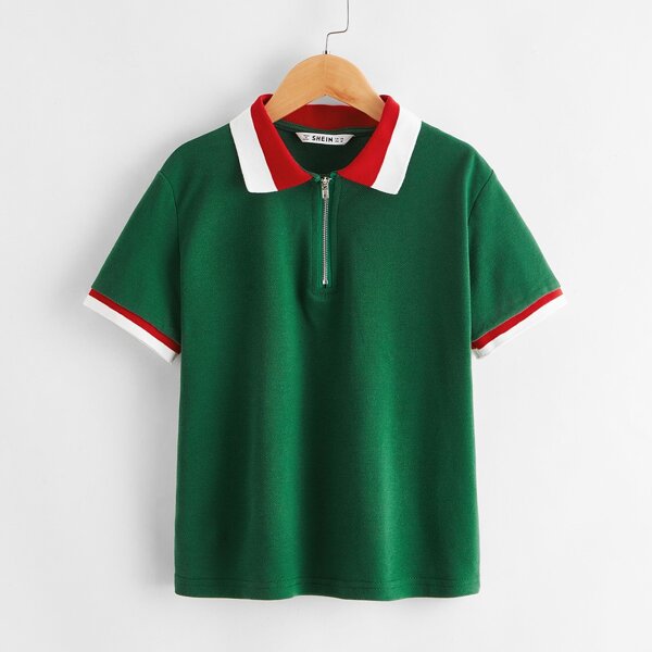 

Boys Zipper Half Placket Contrast Trim Polo Shirt, Green