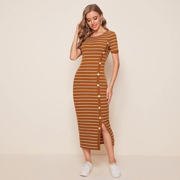 

Single Breasted Split Hem Rib-knit Striped Dress, Brown