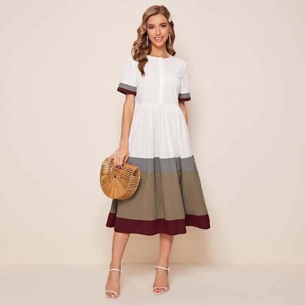 

Button Front Contrast Colorblock Trim Dress, Multicolor