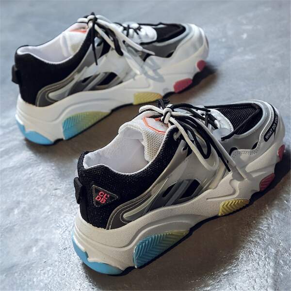 

Lace-up Front Mesh Panel Sneakers, Black and white
