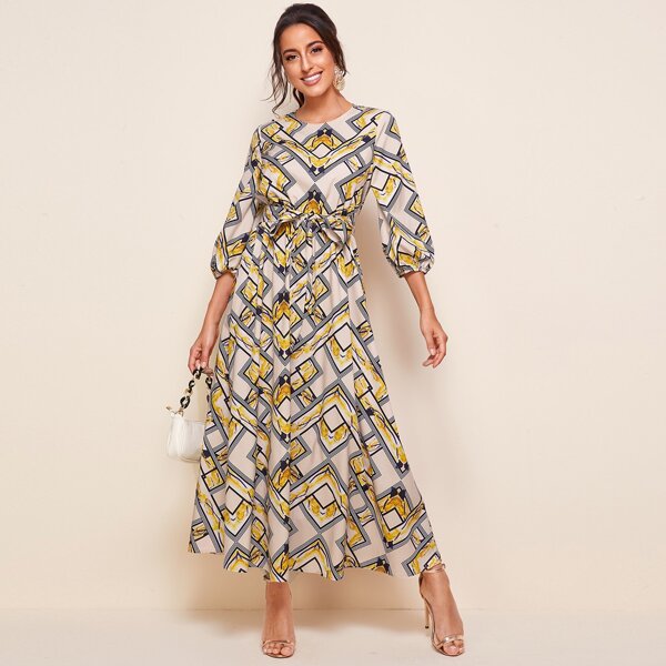 

Lantern Sleeve Geo Print Belted Dress, Multicolor