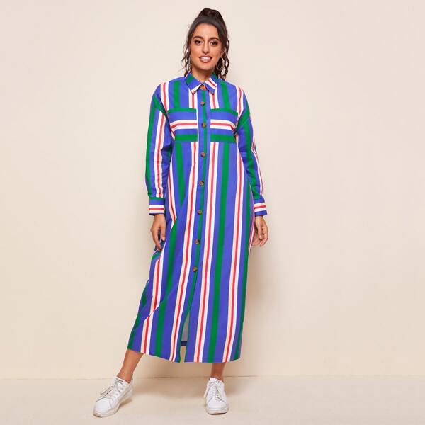 

Single Breasted Patch Pocket Striped Dress, Multicolor