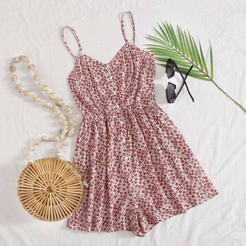 

Button Front Ditsy Floral Cami Romper, Multicolor