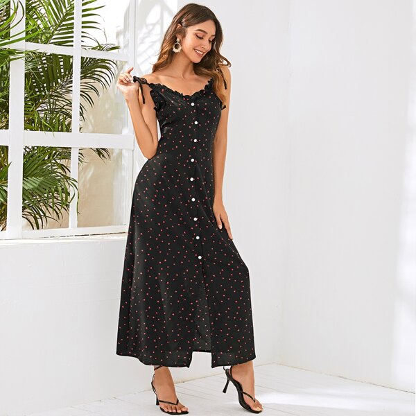 

Button Front Heart Print Cami Dress, Black
