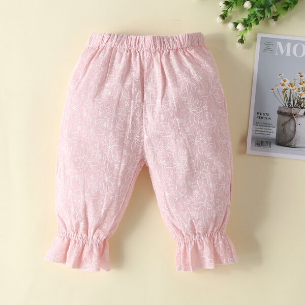 

Toddler Girls Floral Embroidery Ruffle Hem Pants, Baby pink
