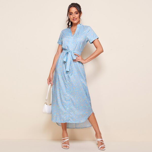 

Notched Allover Print Self Tie Shirt Dress, Baby blue