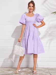 SHEIN Unity 燈籠袖打褶腰素色洋裝 - 紫丁香色 - 查看 1