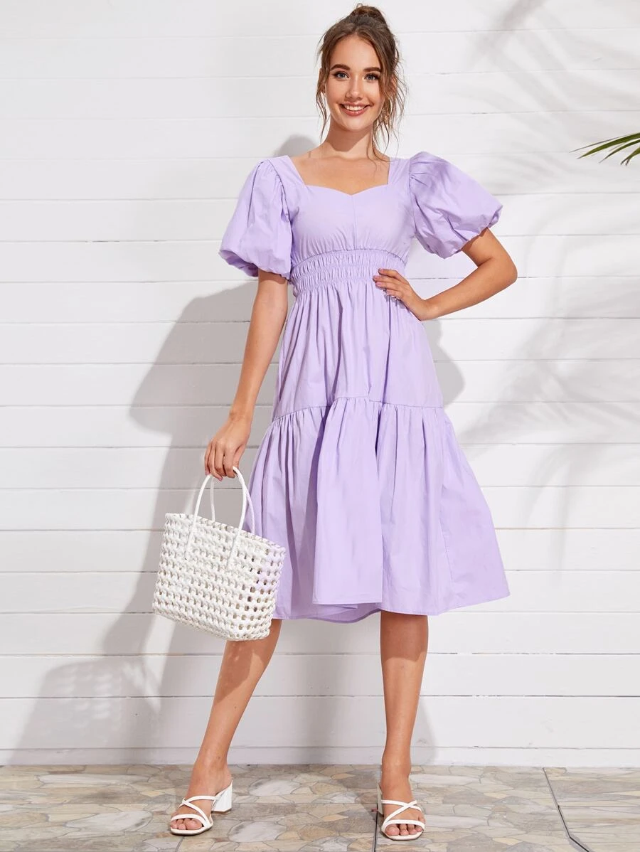 SHEIN Unity 燈籠袖打褶腰素色洋裝 - 紫丁香色 - 查看 1