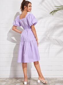 SHEIN Unity 燈籠袖打褶腰素色洋裝 - 紫丁香色 - 查看 2