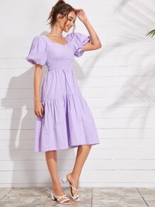 SHEIN Unity 燈籠袖打褶腰素色洋裝 - 紫丁香色 - 查看 4